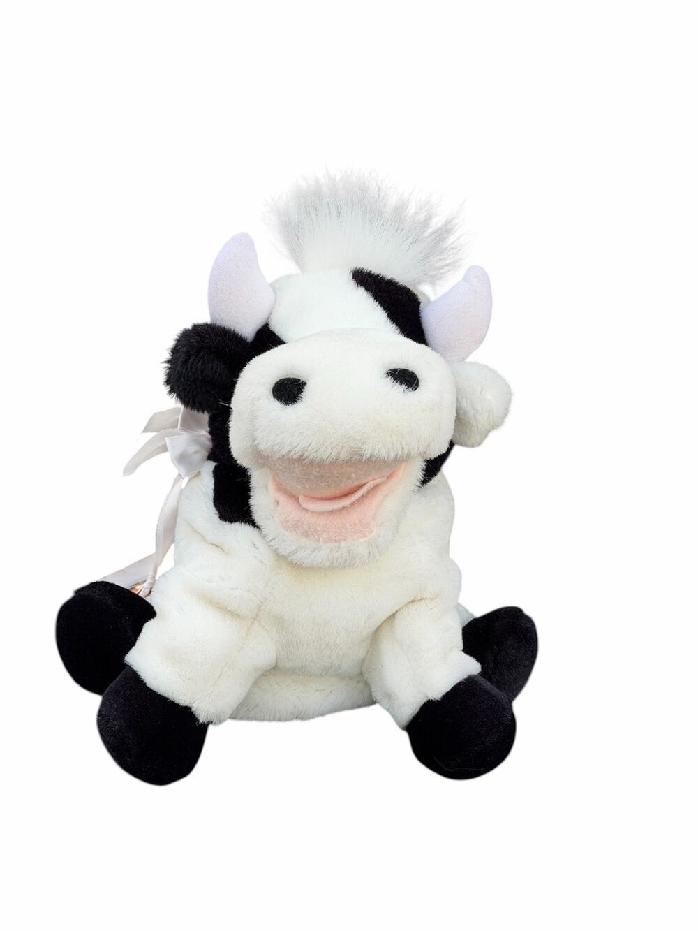 Vintage Plush Cow Hand Puppet Black White w Cowbell Soft Toy 10in